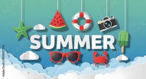 Colorful 3D summer text with palm leaves and pool rings