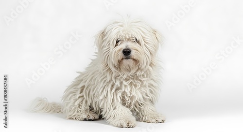 Adorable White Coton de Tulear Dog Sitting Calmly on White Background.