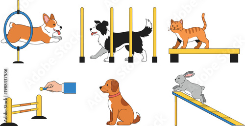 Pet Agility Training Vector Set Featuring Dogs Cat And Rabbit Performing Obstacle Course Tasks Including Hoops Slalom Poles And Ramps For Veterinary And Animal Behavior Graphic Designs