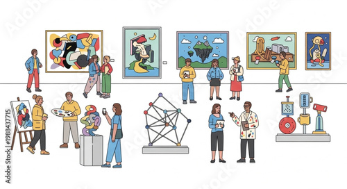 People viewing art gallery exhibit.