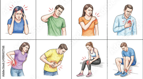 Collection of illustrations depicting various types of human body pain and discomfort
