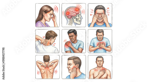 Illustrations depicting common human ailments and pain points experienced in daily life