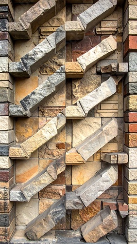 Intricate patterned stone wall with diagonal protruding blocks