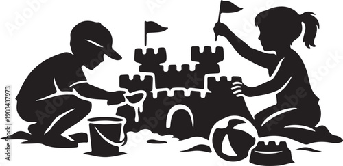 Clean black silhouette of kids building sand fort on pure white background