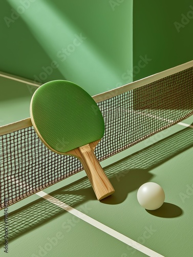 Green ping pong racket propped against net with white ball on green surface. Bright lighting and clean sports setup
