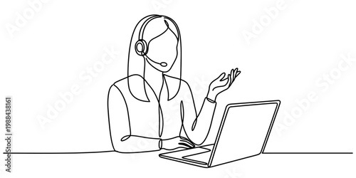 A single continuous line drawing of a customer support agent working on a laptop at a desk isolated on white background, Vector, illustration