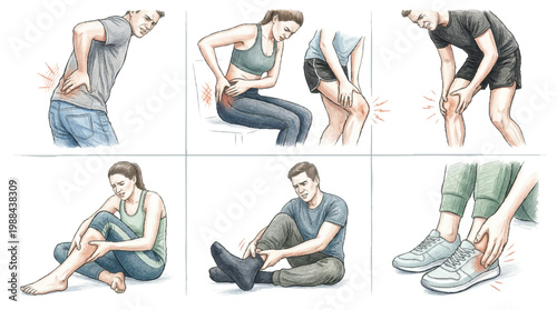 Illustrations of people experiencing various types of joint and muscle pain