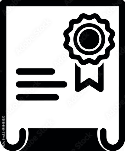 Black and white icon of a certificate with a ribbon