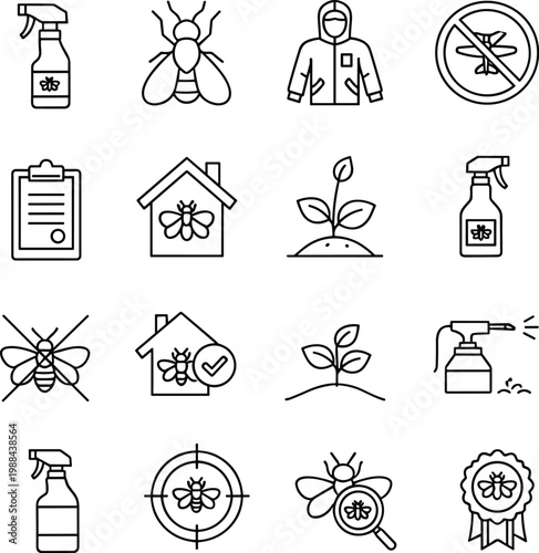 Professional pest control line icon set featuring insect extermination services, garden plant protection, chemical spray bottles, protective worker suits and residential bug inspection symbols.