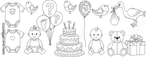 Vector line art collection of baby shower and gender reveal party elements featuring cute characters, tiered cake, balloons, stork, teddy bear, and infant bodysuits illustration.
