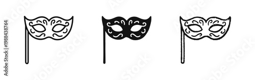 Masquerade Mask Icon Set in Three Styles Line Art Silhouette and Hand Drawn