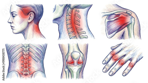 Illustration of Common Areas of Pain and Discomfort in the Human Body, Including Neck and Shoulder