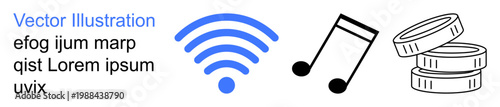 Digital transformation, online streaming, audio services, wireless connection, monetization, digital economy. wireless signal, music note coin stack symbols. Online streaming and monetization