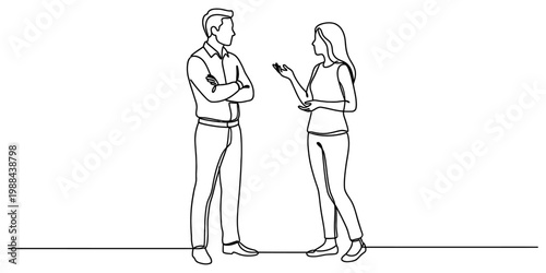Continuous line art illustration of a man and a woman standing and talking to each other together isolated on white background, Vector, illustration