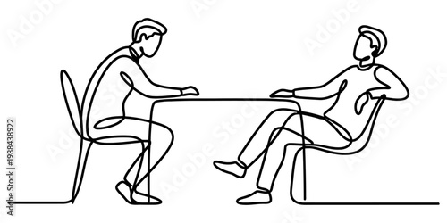 A single continuous line drawing of two men sitting at a table having a conversation together. isolated on white background, Vector, illustration