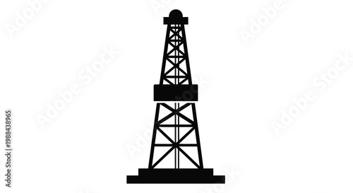 A stark black silhouette of an oil derrick stands prominently against a plain white background