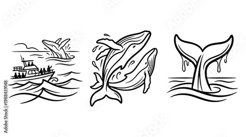 Majestic Whales Breaching the Ocean Surface in Artistic Illustration.