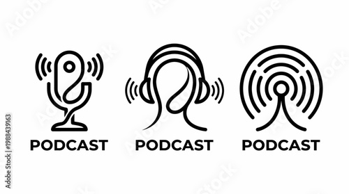 Podcast Icons - Microphone, Headphones, and Signal Symbols for Audio Content.