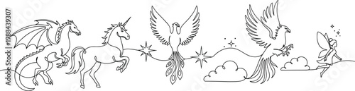 Mythical Creature Vector Set Featuring Continuous One Line Art Of Dragon Unicorn Phoenix Griffin And Fairy For Fantasy Folklore Storytelling And Minimalist Magic Graphic Designs