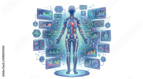 Digital Human Anatomy Displaying Health Data and Futuristic Medical Technology Interface