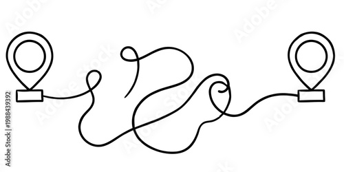 A black and white line art illustration showing a tangled path connecting two location markers isolated on white background, Vector, illustration