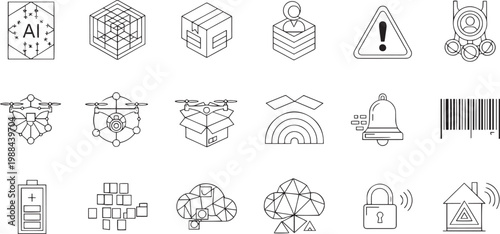 Title: Smart Technology Icons Geometric AI Drone and Logistics Line Art