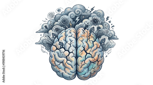 Illustration of the human brain with one half appearing stormy and distressed while the other is calm and clear