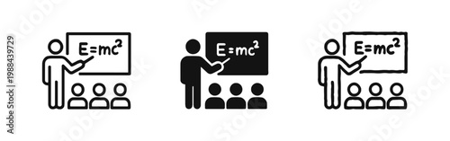 Teacher lecturing physics theory in classroom icon set in outline, solid, and hand-drawn styles