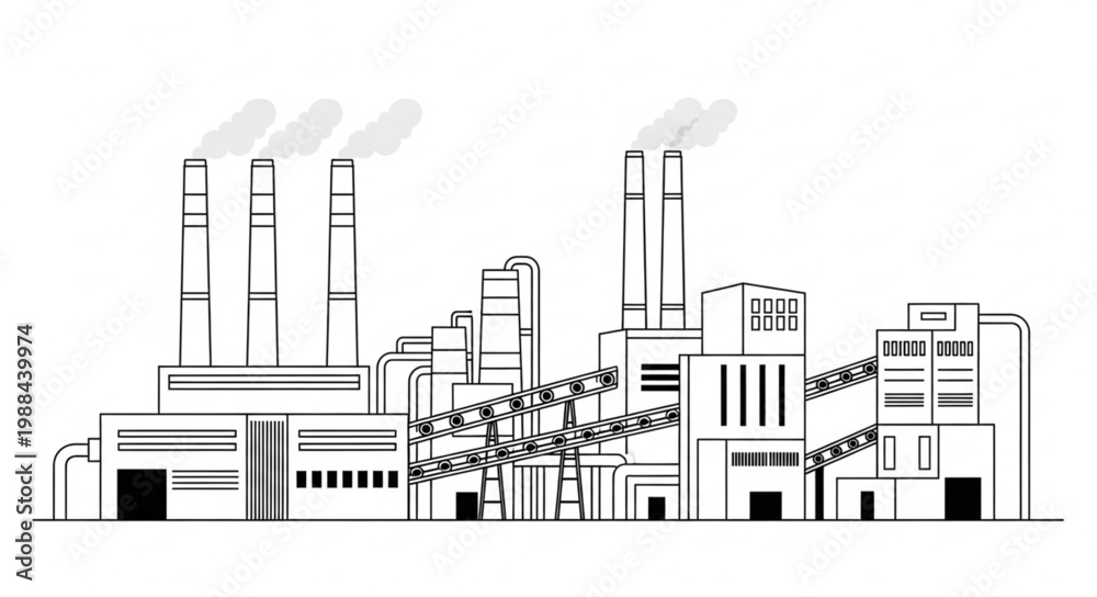 Naklejka premium Industrial Factory Building with Smoke Stacks.