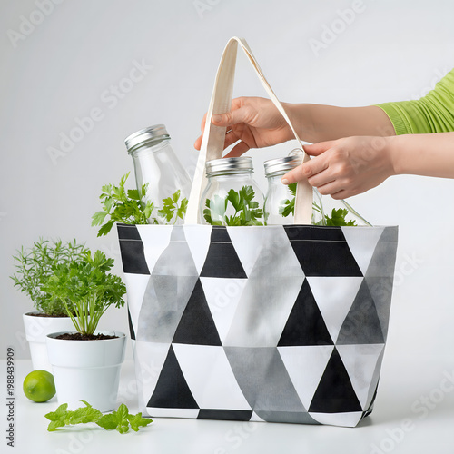 Reusable Grocery Bag with Herbs and Glass Jars for Eco Shopping