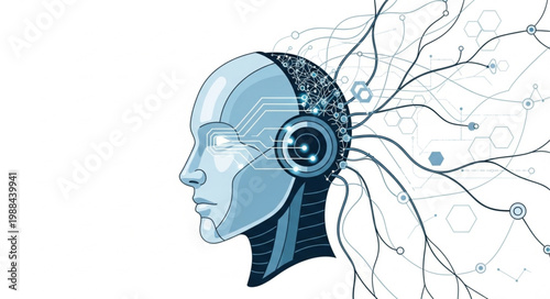 Photos Artificial intelligence robot head with circuits and wires.