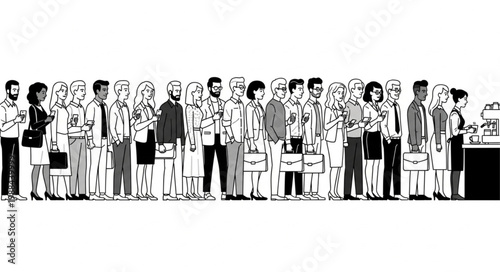People waiting in line at a counter, black and white illustration.