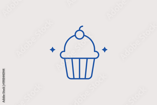 Cherry cupcake dessert line icon for bakery treats and birthday celebration sweets. Tasty Vector Illustration for pastry shop logos and afternoon tea event advertisements.
