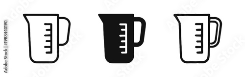 Kitchen measuring cup icon set for cooking in outline, solid, and hand-drawn doodle styles