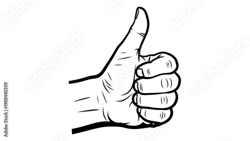 Thumbs Up Gesture, Hand Sign, Approval, Success, Agreement, Positive Feedback, Black and White Line Art