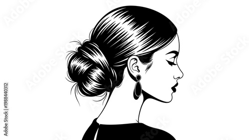 Elegant Woman Profile, Updo Hairstyle, Earrings, Black and White Illustration