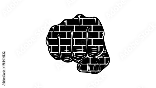 Fist punching forward, textured like a brick wall, symbolizing strength and impact
