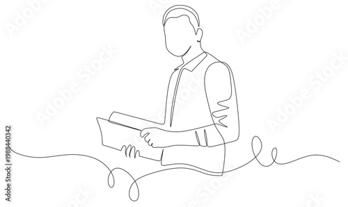A continuous line drawing showing a man reading an open book or document. This vector image is created using a single, flowing, black line on a white background.