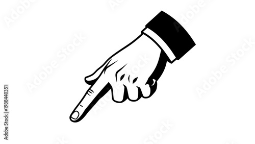 Hand pointing down, index finger indicating direction, business man suit, isolated on white background