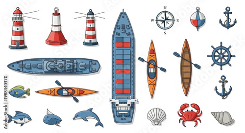 Nautical Collection of Marine Life and Transportation Icons.