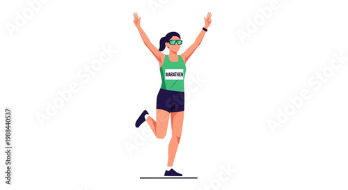 Female Marathon Runner Celebrating Race Victory at Finish Line Illustration