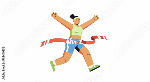 Female Runner Crossing Finish Line Vector Illustration, Winning Athlete Breaking Ribbon, Marathon Success and Achievement Concept