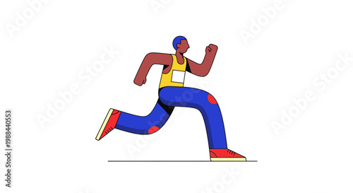 Flat Vector Illustration of a Black Male Athlete Running. Professional Sprinter or Marathon Runner in Motion, Stylized Sports Character Design Isolated on White Background
