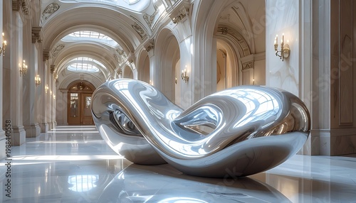 A sleek, modern sculpture sits in a grand, ornate hallway