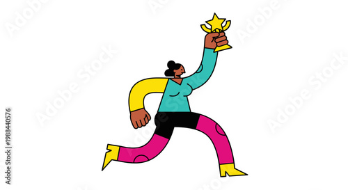 Flat Vector Illustration of a Successful Black Woman Running with a Gold Star Trophy, Concept of Achievement and Winning