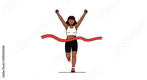 Minimalist Illustration of a Black Woman Runner Crossing the Finish Line with Arms Raised in Victory - Concept of Success and Achievement