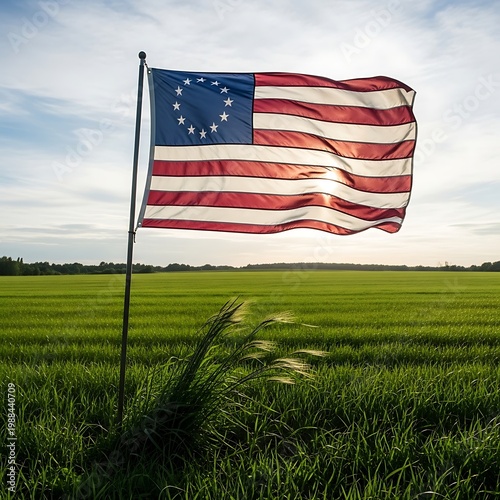 Betsy Ross American Flag Waving Over Green Farm Field Against Cloudy Sky — Historic USA Patriotic Symbol Background