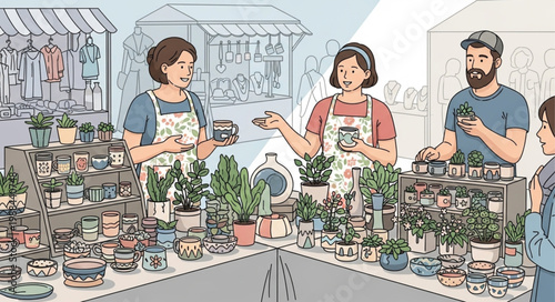 People working in a plant nursery selling potted plants.