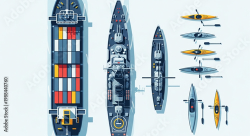 Aerial view of large cargo ship and naval vessel with kayaks.