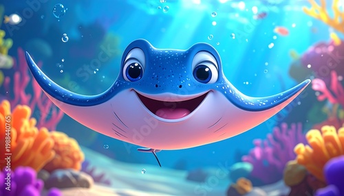 Animated image of a smiling, cartoonish stingray swimming in a vibrant coral reef setting with bubbles. Sunlight filters through the water
